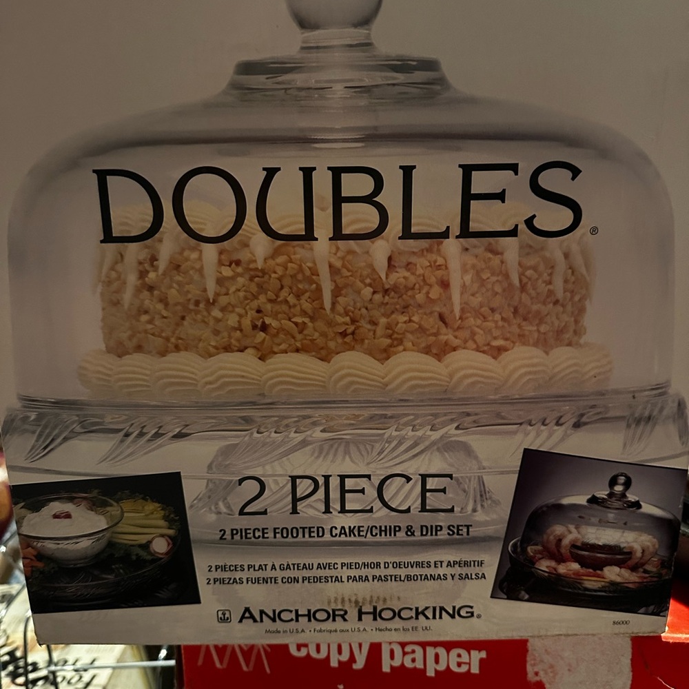 NIB glass cake stand/chip dip set